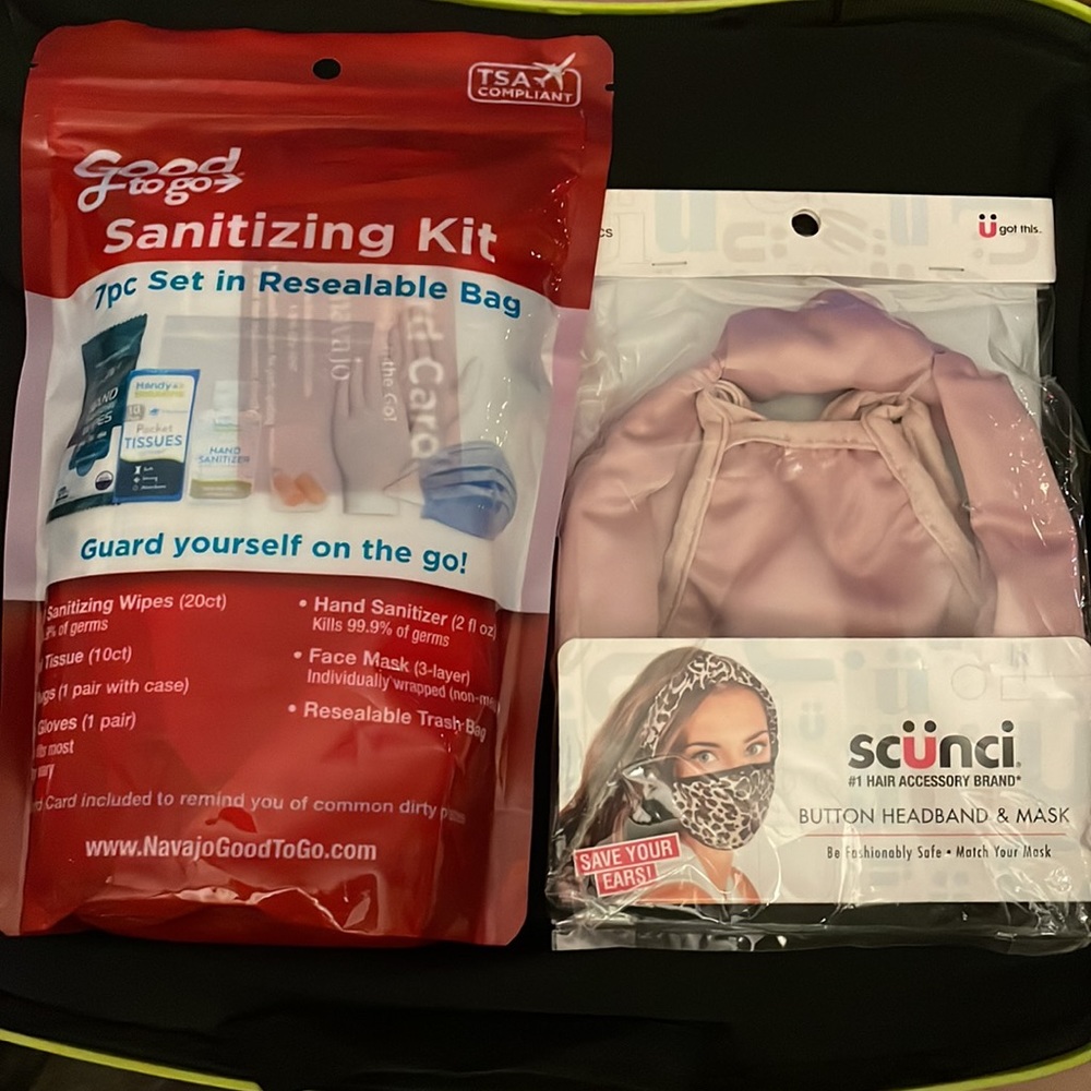 Sanitizing kits and button, headband, and mask